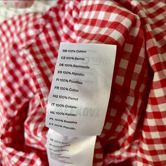 Weekday Stella Gingham Blouse XS Red White Check Cropped Boxy Cotton Shirt - Picture 14 of 14